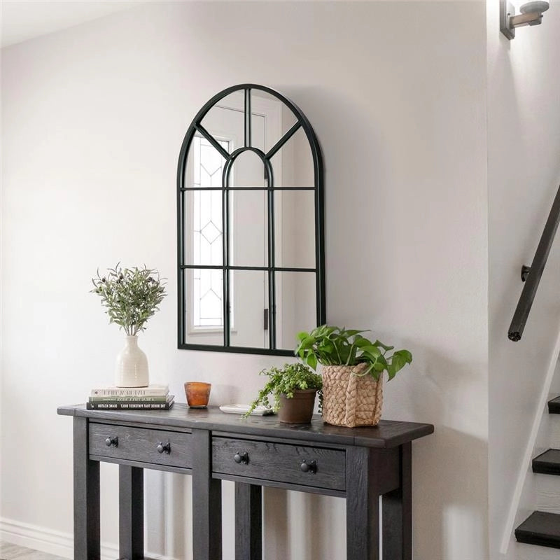 SPECCHIO MODERNO A PARETE E A FORMA DI ARCO 70X50 CM PER CAMERA DA LETTO E SOGGIORNO, IN METALLO NERO E VETRO