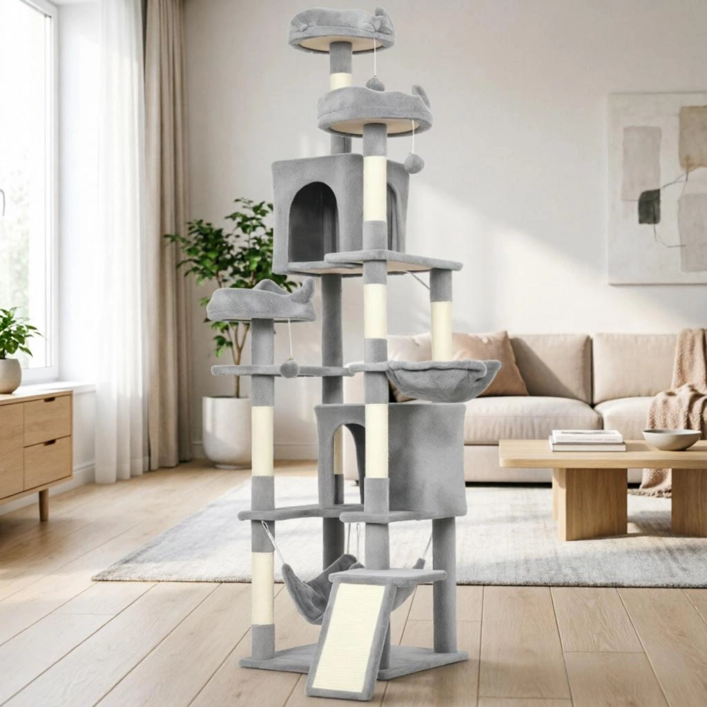 Albero tiragraffi a torre per gatti, con 8 pali per graffiare, 4 piattaforme, 2 nicchie, scaletta e 3 palline gioco, altezza totale 192 cm.