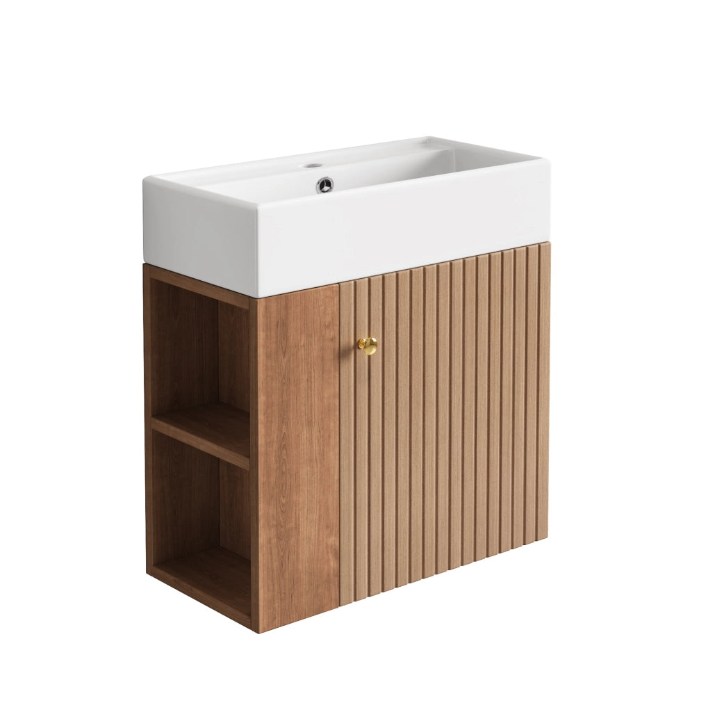 Mobile bagno ULEVR con lavabo in ceramica, vano contenitore e ripiani laterali, marrone