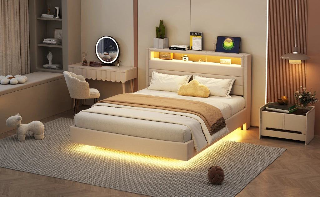 Letto matrimoniale – 140x200 cm – USB LED testiera reversibile – lino beige