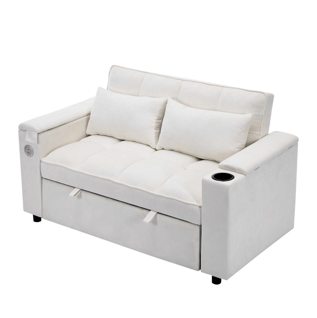 Divano letto con schienale regolabile; USB e Type-C in tessuto beige