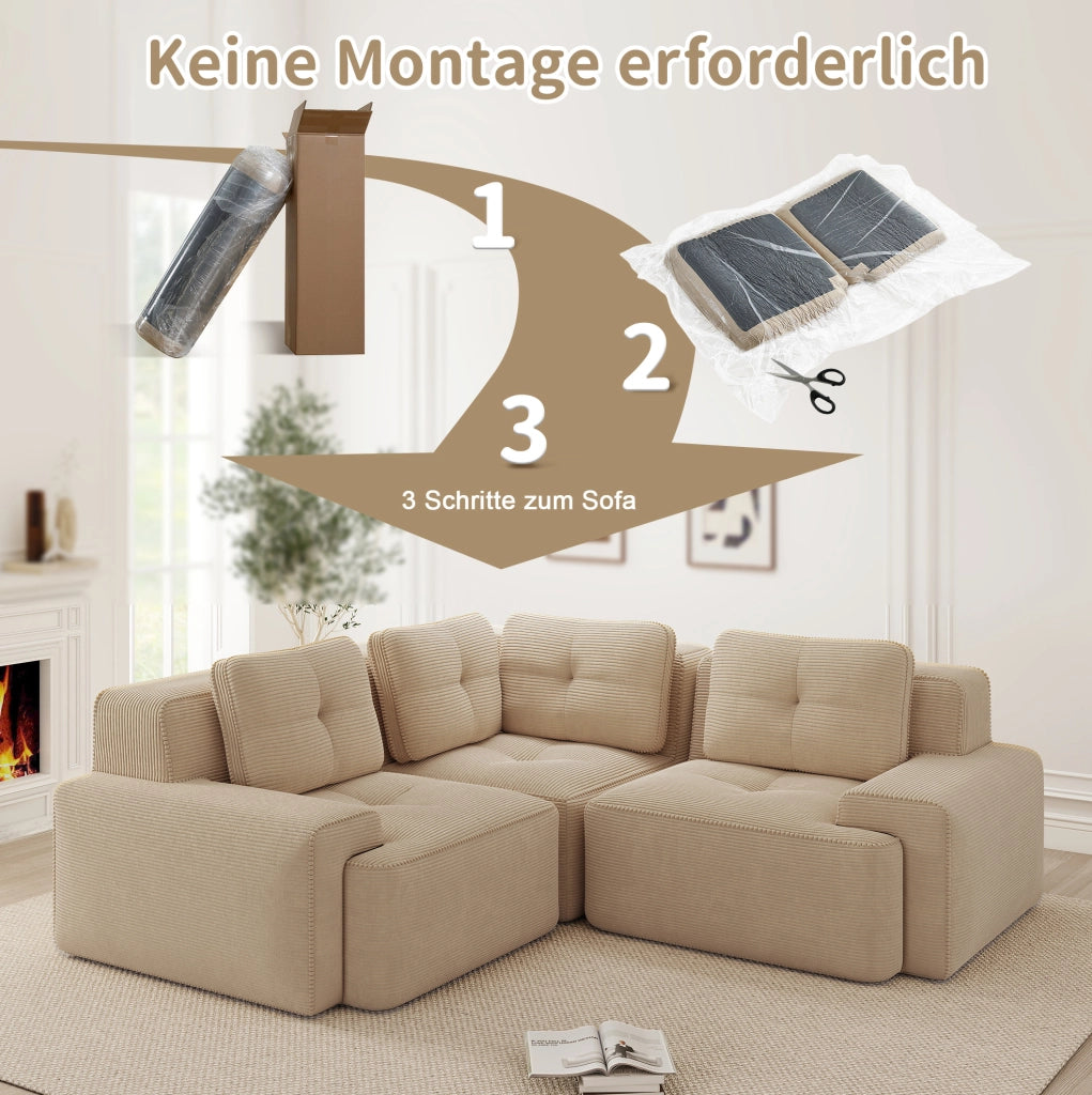 Divano angolare modulare in tessuto a coste beige 249x249x69 cm con seduta profonda