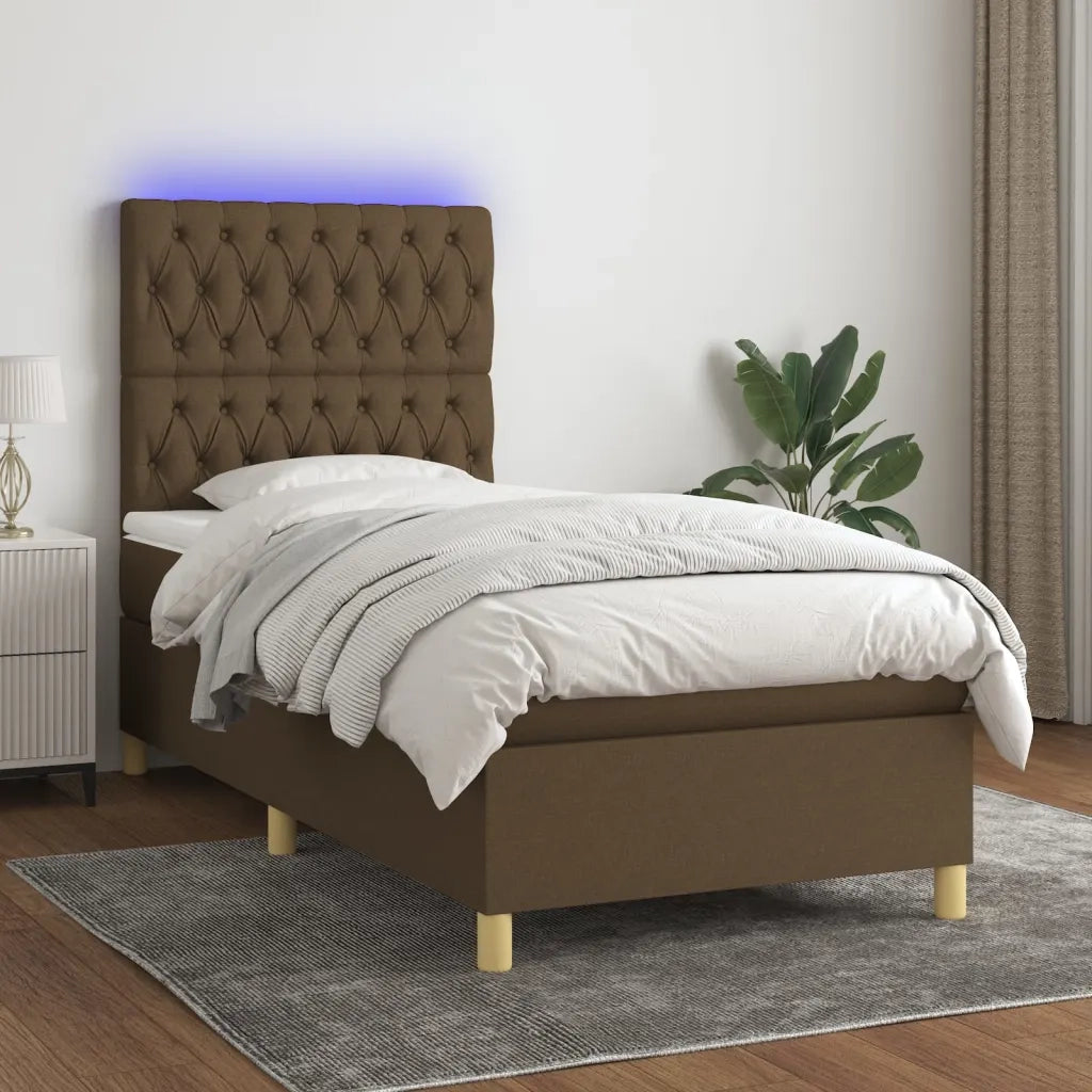 Letto a Molle Materasso e LED Marrone Scuro 90x190cm in Tessuto 3135640