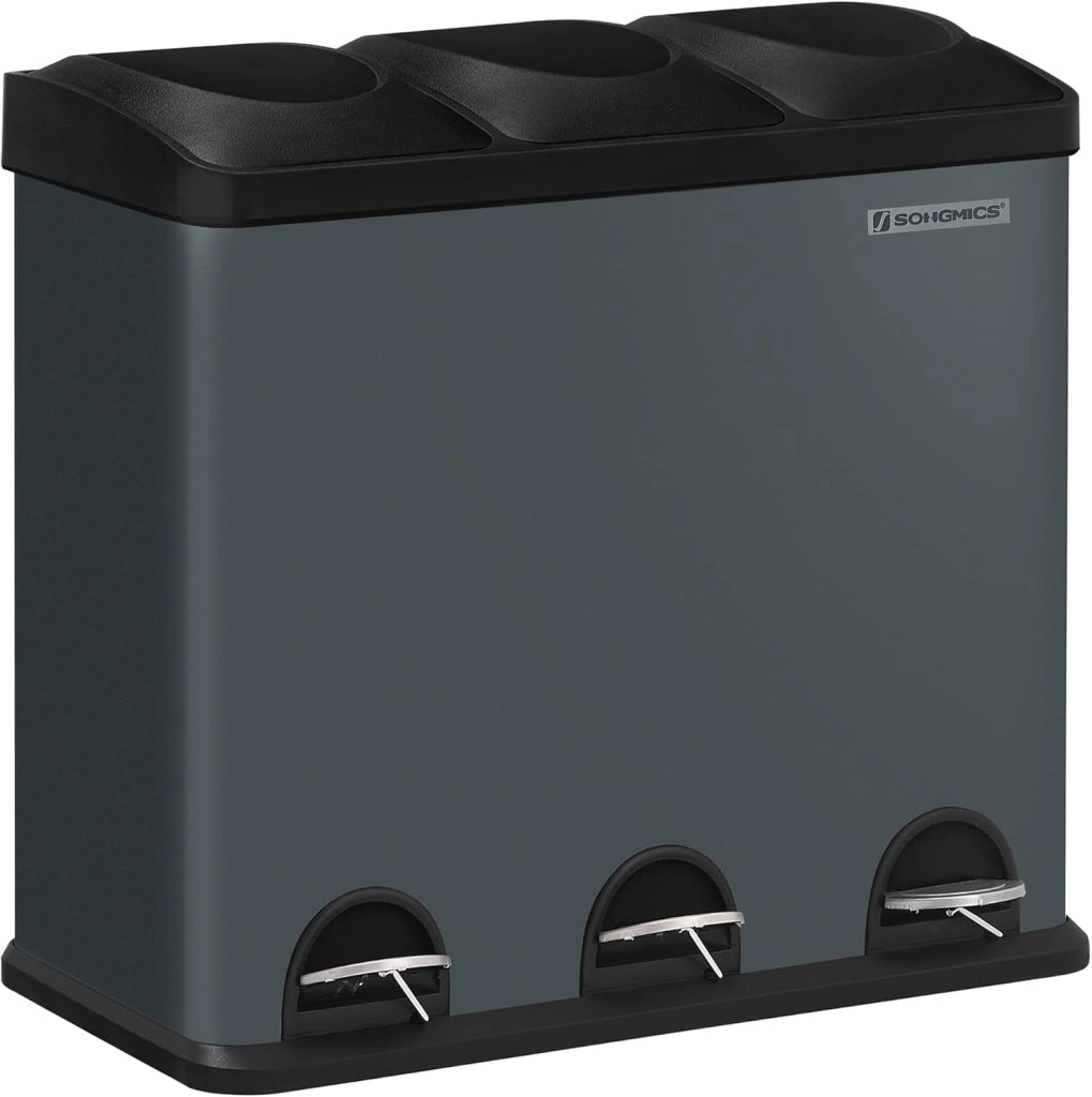 SONGMICS Pattumiera di 54L, Cestino di Spazzatura, a 3 Sezioni, con Pedale, Secchio Interni, 6 Etichetti per Smailtimento Facile, Bianco e Nero LTB54W