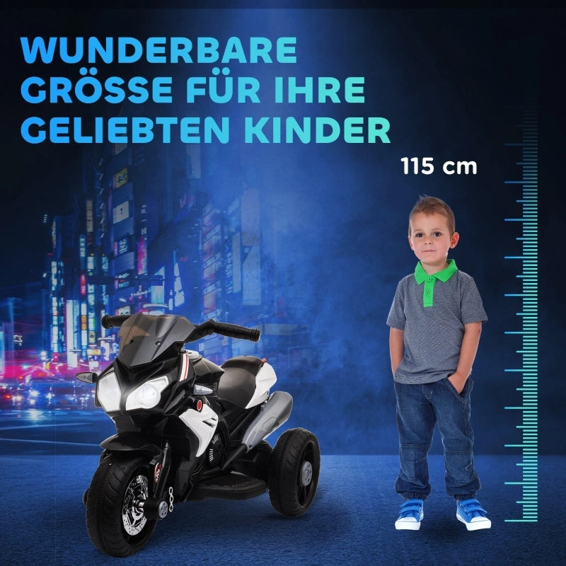 Motocicletta elettrica per bambini, con luci e suoni, 3 km/h, ricaricabile, in plastica e metallo, colore nero/bianco