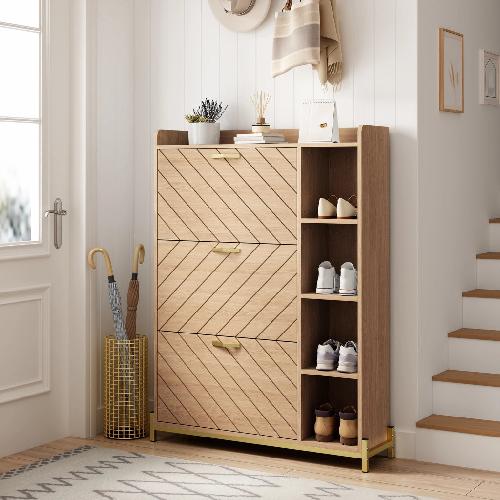 Scarpiera Nordica con Ante Ribaltabili ¨C Xylo ¨C Rovere, 3 Ante, Ripiani Laterali, Ingresso
