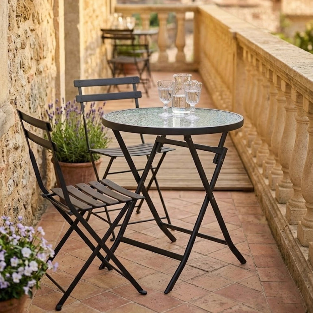 Tavolino Pieghevole Rotondo con Struttura Nera Tavolo Piano in Vetro 60x60x71cm