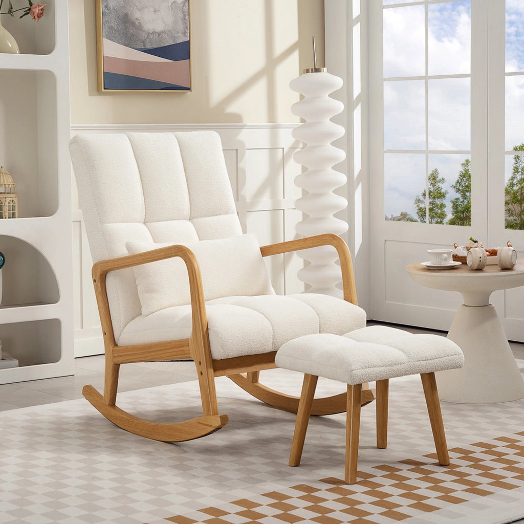 Poltrona a Dondolo con Poggiapiedi in Tessuto Boucl¨¦ e Gambe in Legno ¨C Minimal ¨C 64.5x82x89 cm Bianco