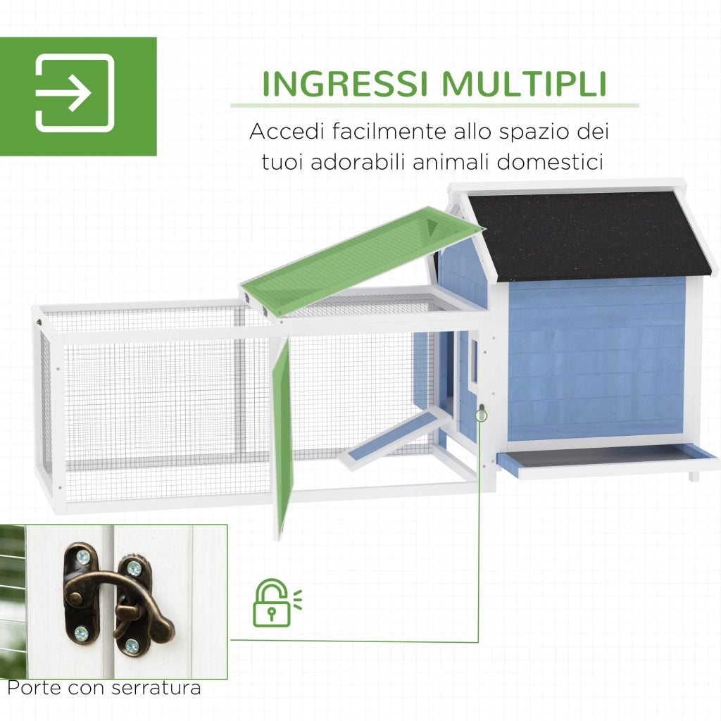 Pollaio per Galline con Corsa Vassoio di Nidificazione Rimovibile in Legno Bianco e Blu 180x90.1x78.6 cm