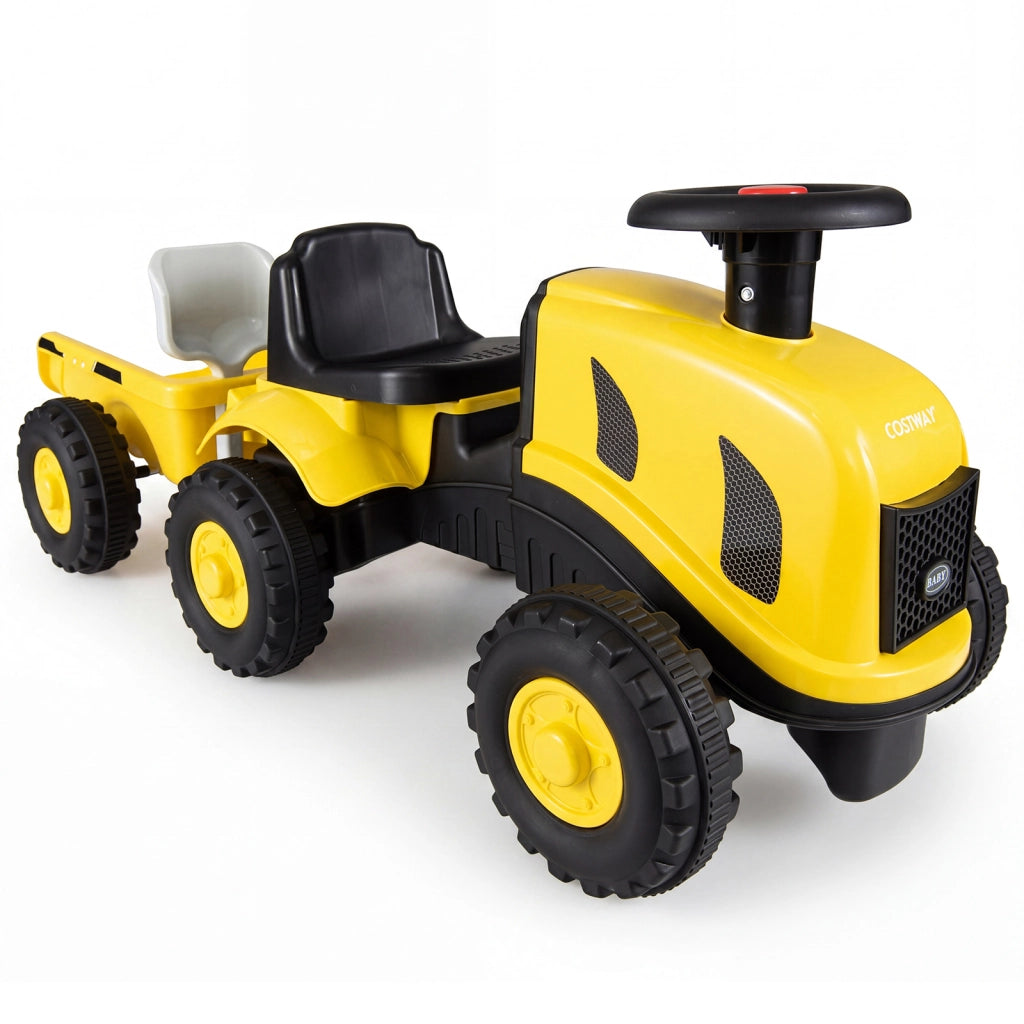 Trattore cavalcabile per bambini con rimorchio rimovibile clacson cruscotto pala e rastrello, Auto cavalcabile per bambini 18-36 mesi Giallo