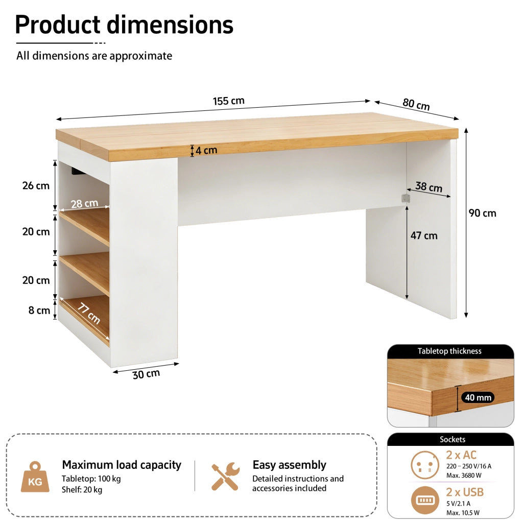 Isola da cucina 155x80x90 cm con LED, prese di corrente e 3 ripiani aperti