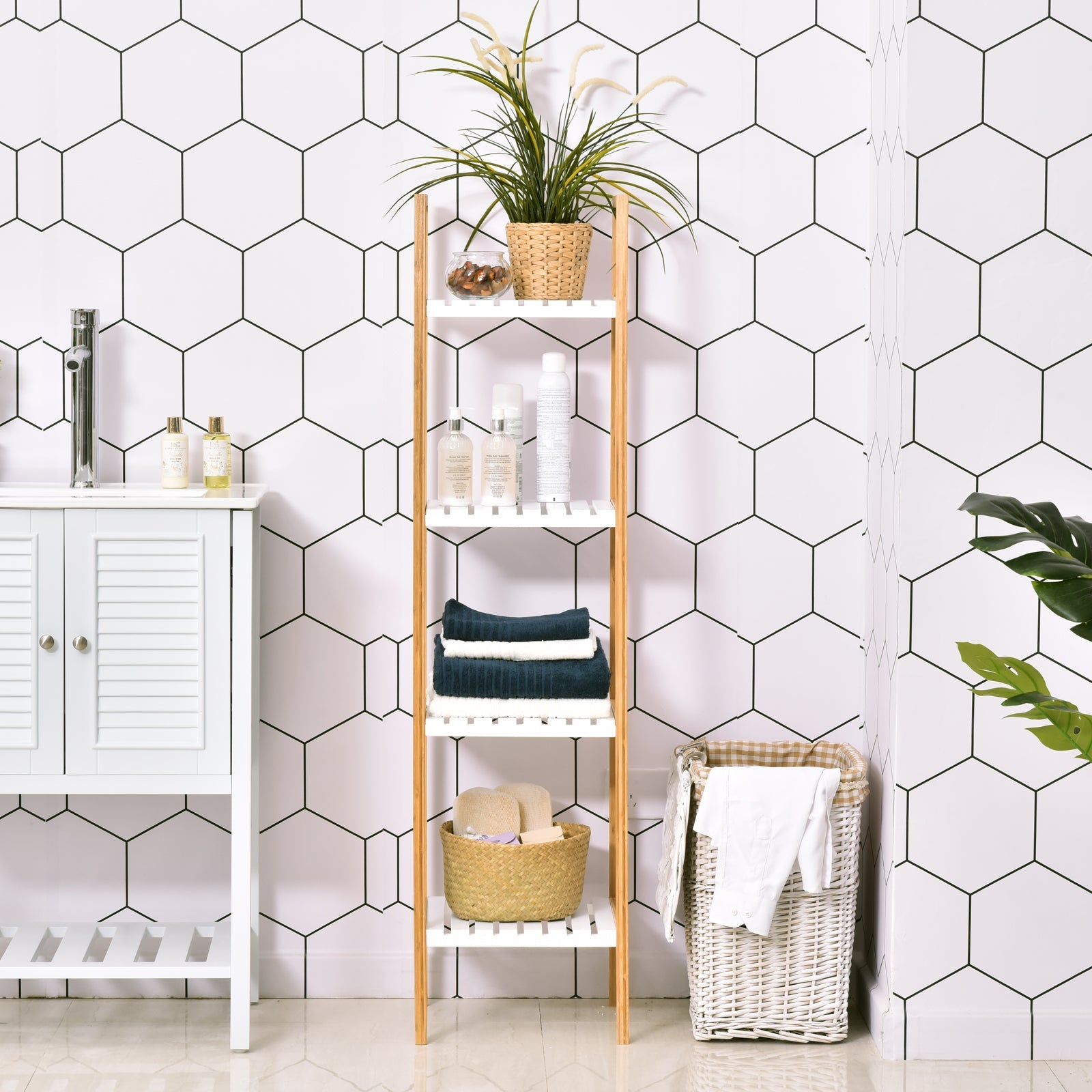 Scaffale Bagno 4 Ripiani Autoportante 35x36x138,5 cm in Legno Bianco