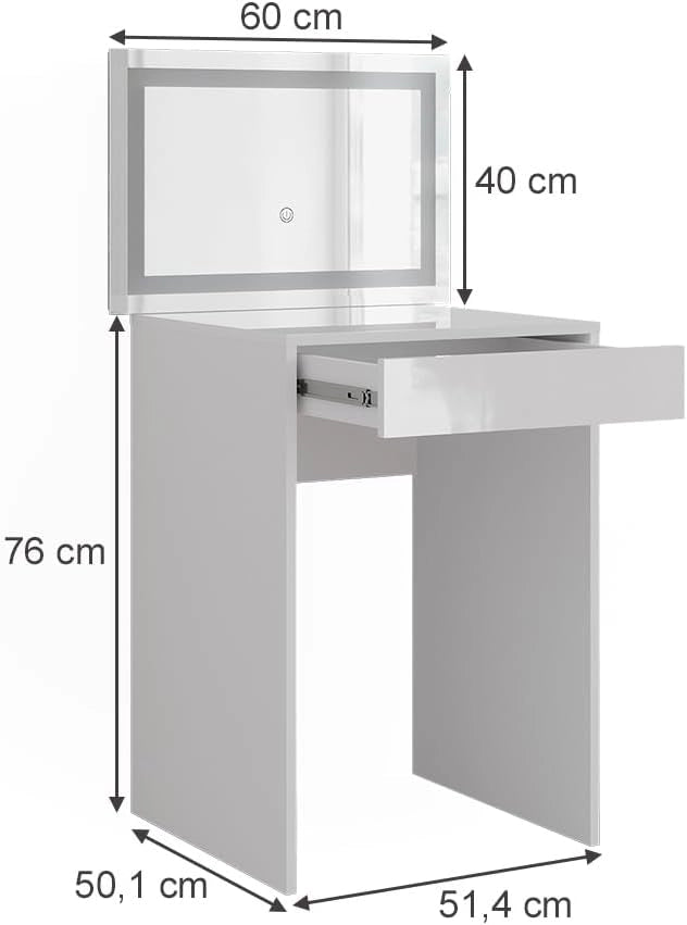 Tavolo da toeletta Sherry, Bianco/bianco lucido, 51.4 cm con specchio LED