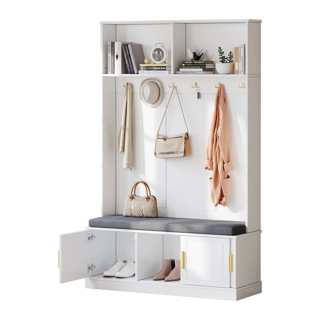 Appendiabiti da ingresso con panca portascarpe, 6 ganci, bianco, 120¡Á40¡Á191 cm