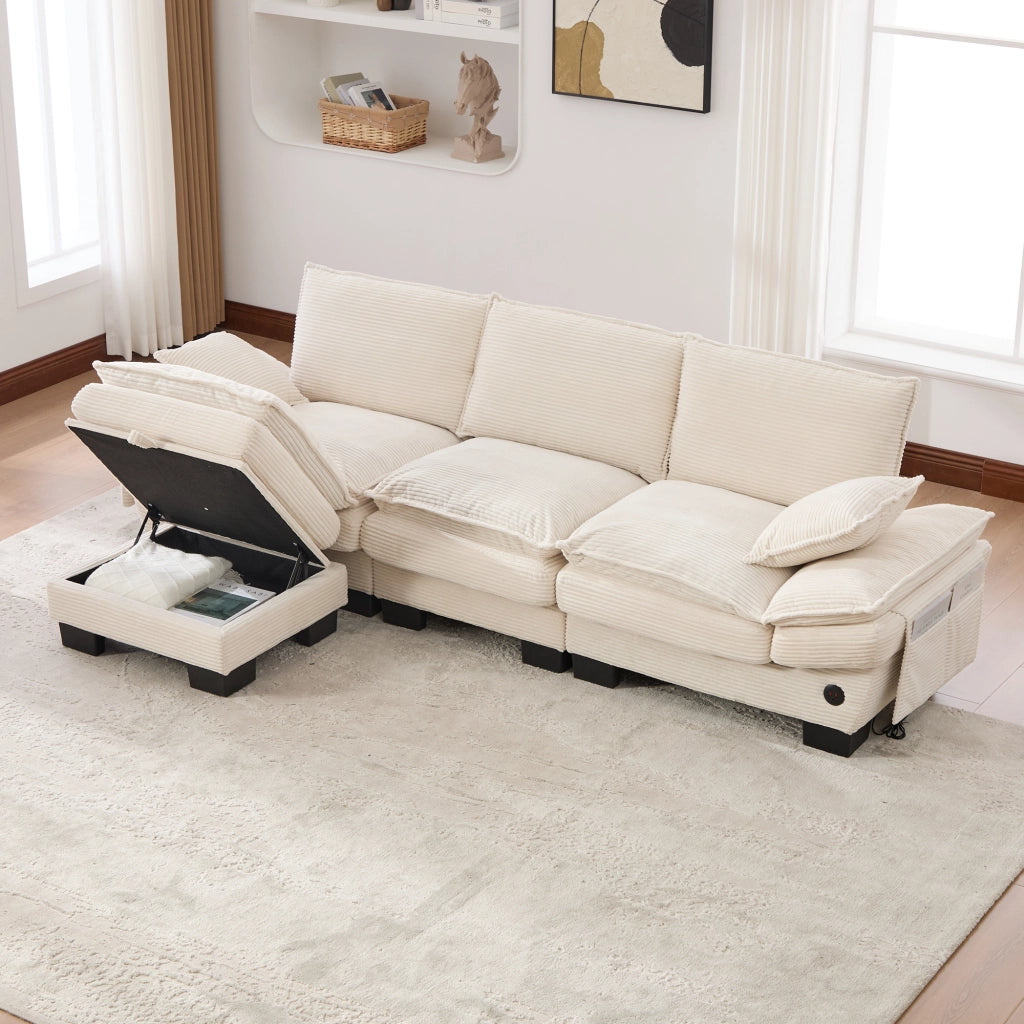 Divano modulare a 3 posti in velluto a coste con pouf seduta ergonomica USB-C e tasche laterali beige