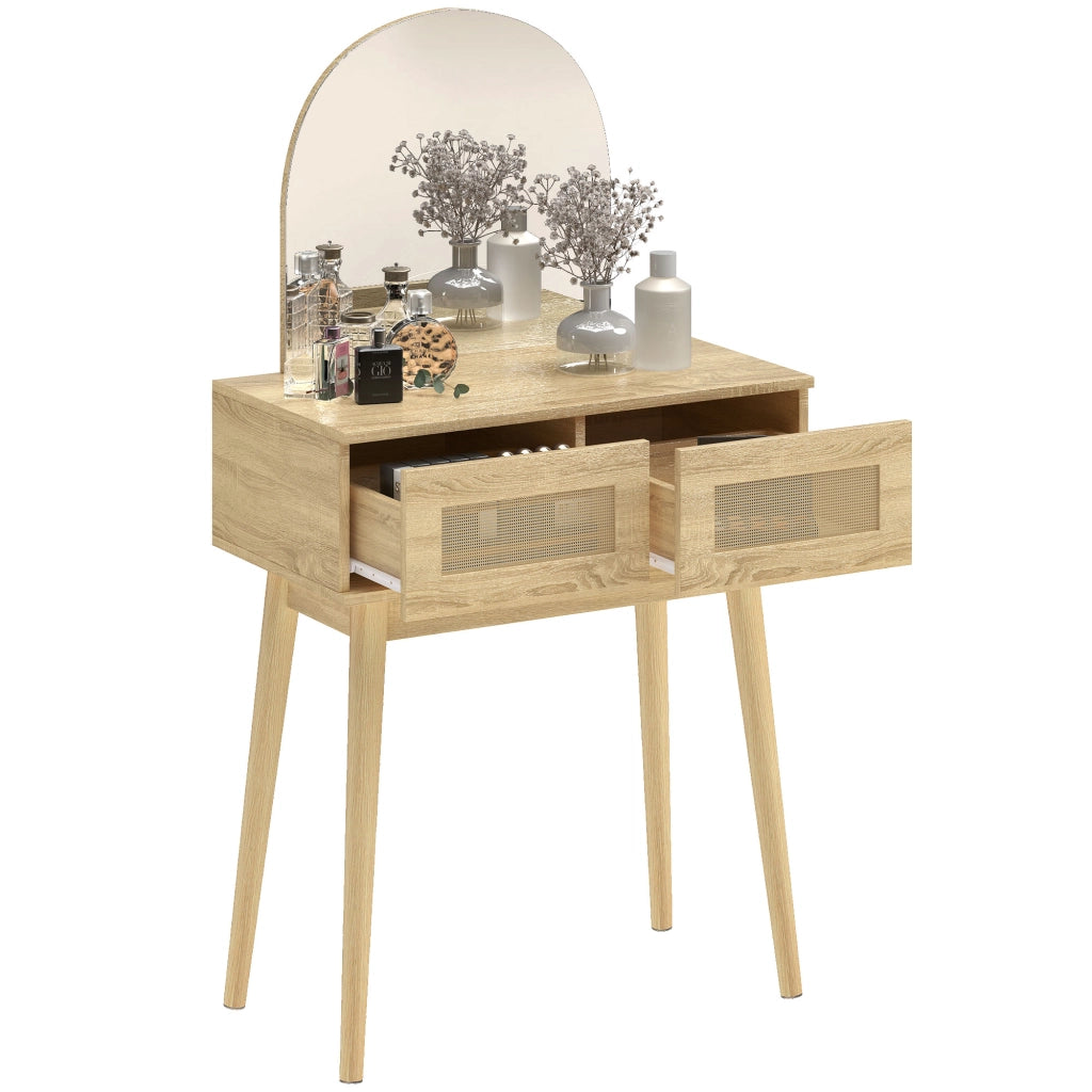 Tocador con Specchio Arcuato e 2 Cassetti ¨C zephmum ¨C Legno Naturale con Frontale in Rattan