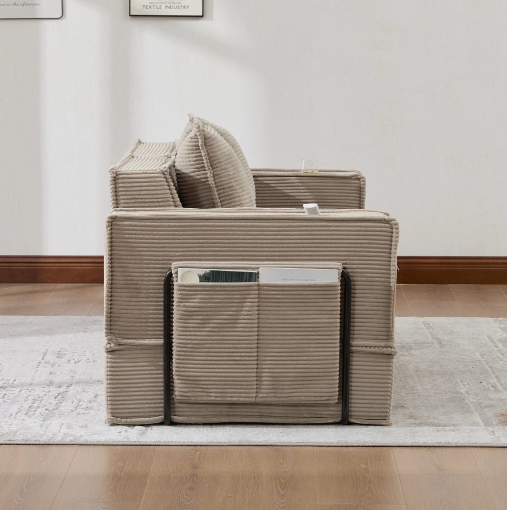 Divano basso modulare a due posti in velluto a coste con tasche laterali e due cuscini morbidi