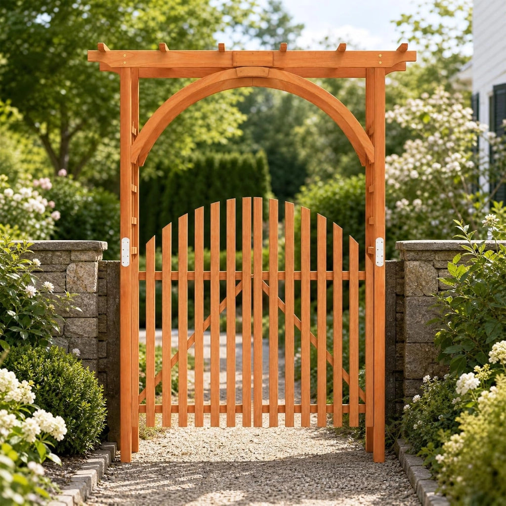 Arco da Giardino in Legno Abete, Pergola per Piante Rampicanti | con Cancello e Serratura, Pergolato Decorativo da Esterno per Matrimonio, Cerimonia e Festa, 161 x 60 x 216 cm