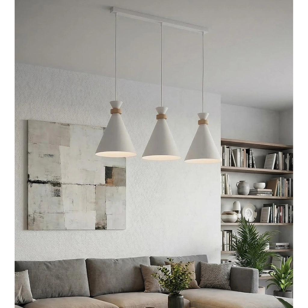Lampada a sospensione Zero in acciaio bianco opaco e legno