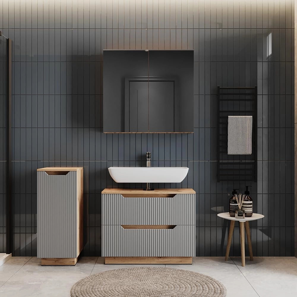 Set di mobili da bagno Lotta, Rovere/grigio a righe, 3 parti