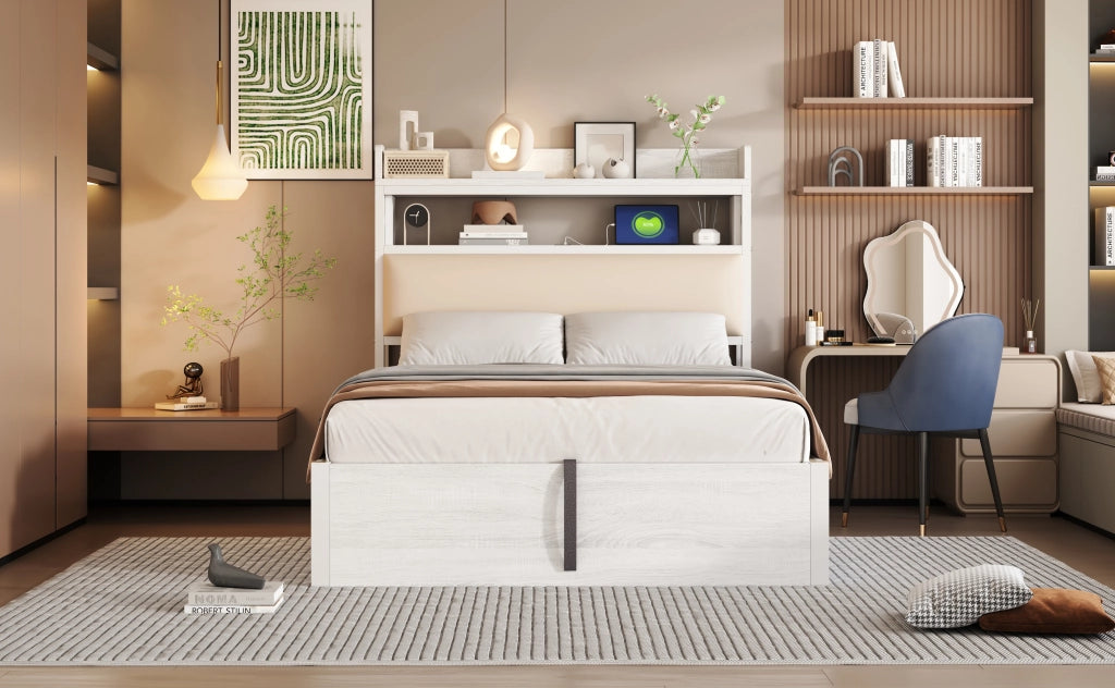 DESMIU Lit simple 90 × 200 cm con contenitore idraulico, USB e testiera con ripiano, senza materasso, bianco
