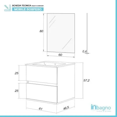 Mobile bagno sospeso 60 cm Duble rovere africa con lavabo e specchio