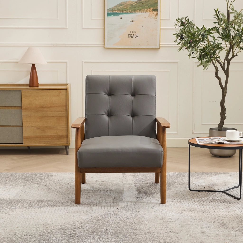 Fauteuil in pelle con struttura in legno e cuciture pull-point per soggiorno camera da letto home office grigio