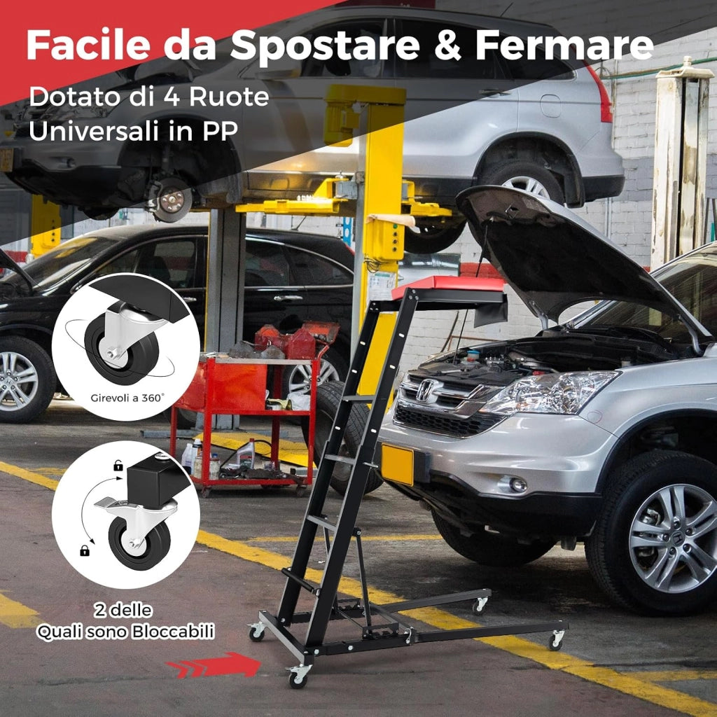 Creeper Pieghevole per Motore, Creeper per Motore Auto con Altezza Regolabile e Angolazione, 4 Ruote, Piattaforma Imbottita, Capacità Carico 180kg, per Garage e Officina di Riparazione
