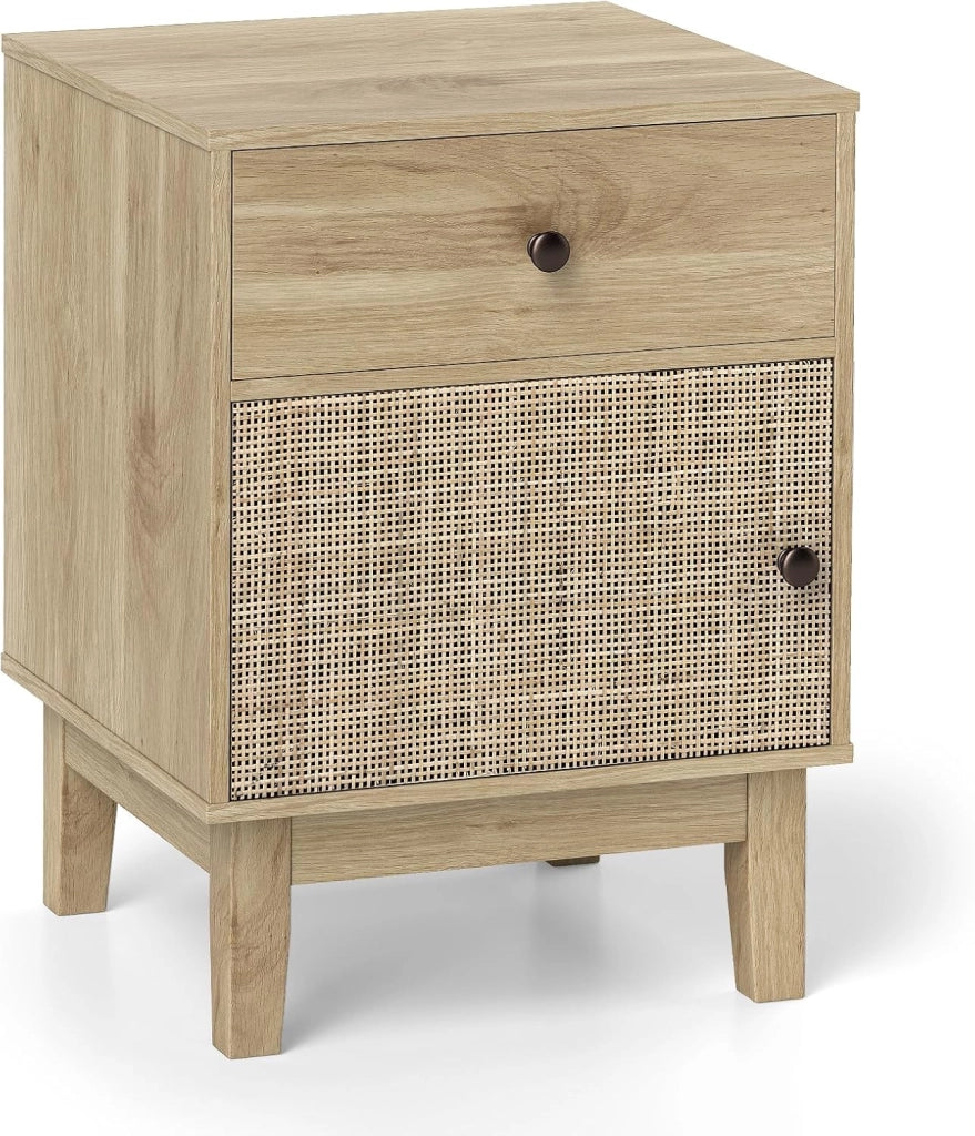 Comodino in rattan boho con cassetto e spazio di archiviazione, comodino, gambe in legno, console da notte, con protezione anti-ribaltamento, piedini antiscivolo, 40 x 39 x 55 cm (naturale)