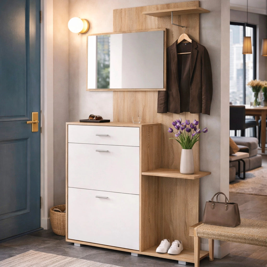 Ingresso Scarpiera Con Specchio 2 Ante A Ribalta Cassetto Appendiabiti E Mensola Mobile Salvaspazio Moderno Per Ingresso Corridoio Stile Nordico 192 X 120 X 24.5 Cm Rovere E Bianco