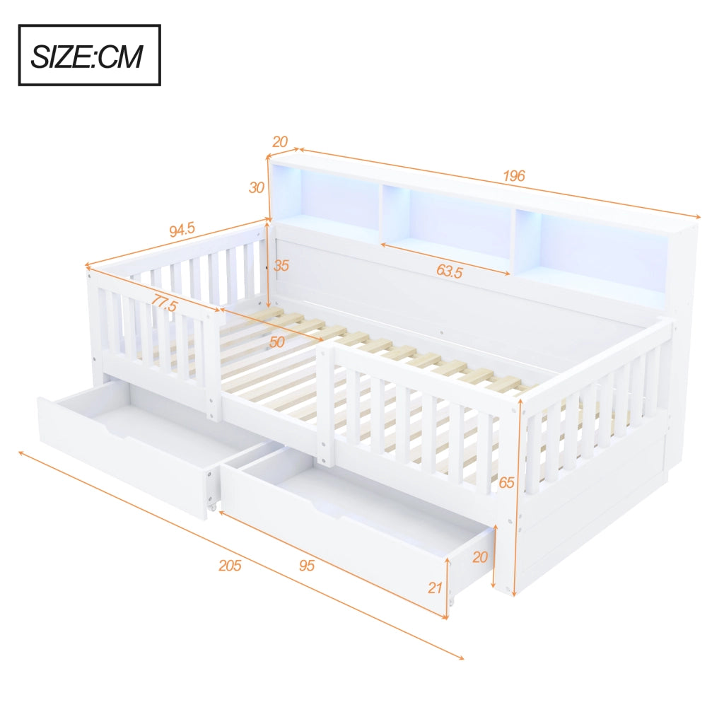 Letto per bambini 90x200 cm con sponda di sicurezza, 2 cassetti, ripiani integrati e LED, bianco