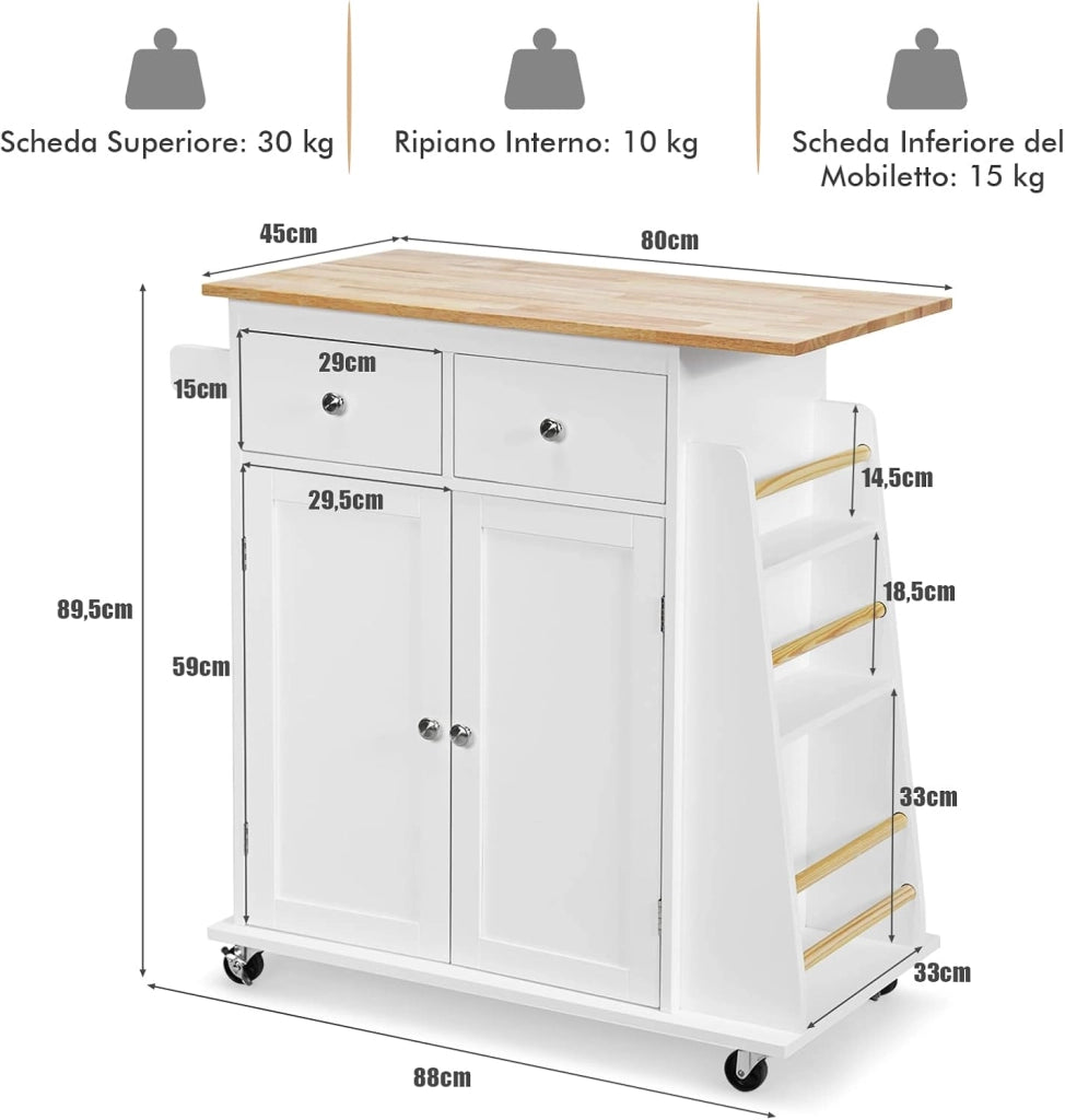 Carrello di Servizio Cucina con Ruote, 2 Cassetti e Portaspezie, Portasciugamani e 2 Porte, Ideale per Casa Ristorante e Bar, MDF + legno di gomma 88x45x89,5 cm (Bianco)