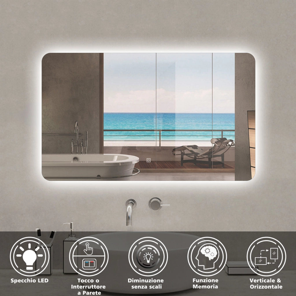 Aica Specchio da bagno a LED+100x60cm+Infinitamente Dimmerabile+Funzione Memoria+Estetica Elegante