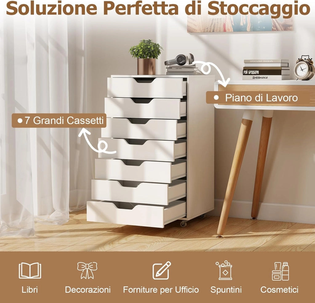 Cassettiera da Ufficio con 7 Cassetti, Mobiletto per Documenti con 4 Ruote Girevoli, Cassettiera da Scrivania in Legno per Ufficio e Soggiorno, 49 x 40 x 87 cm (Bianco Noce)