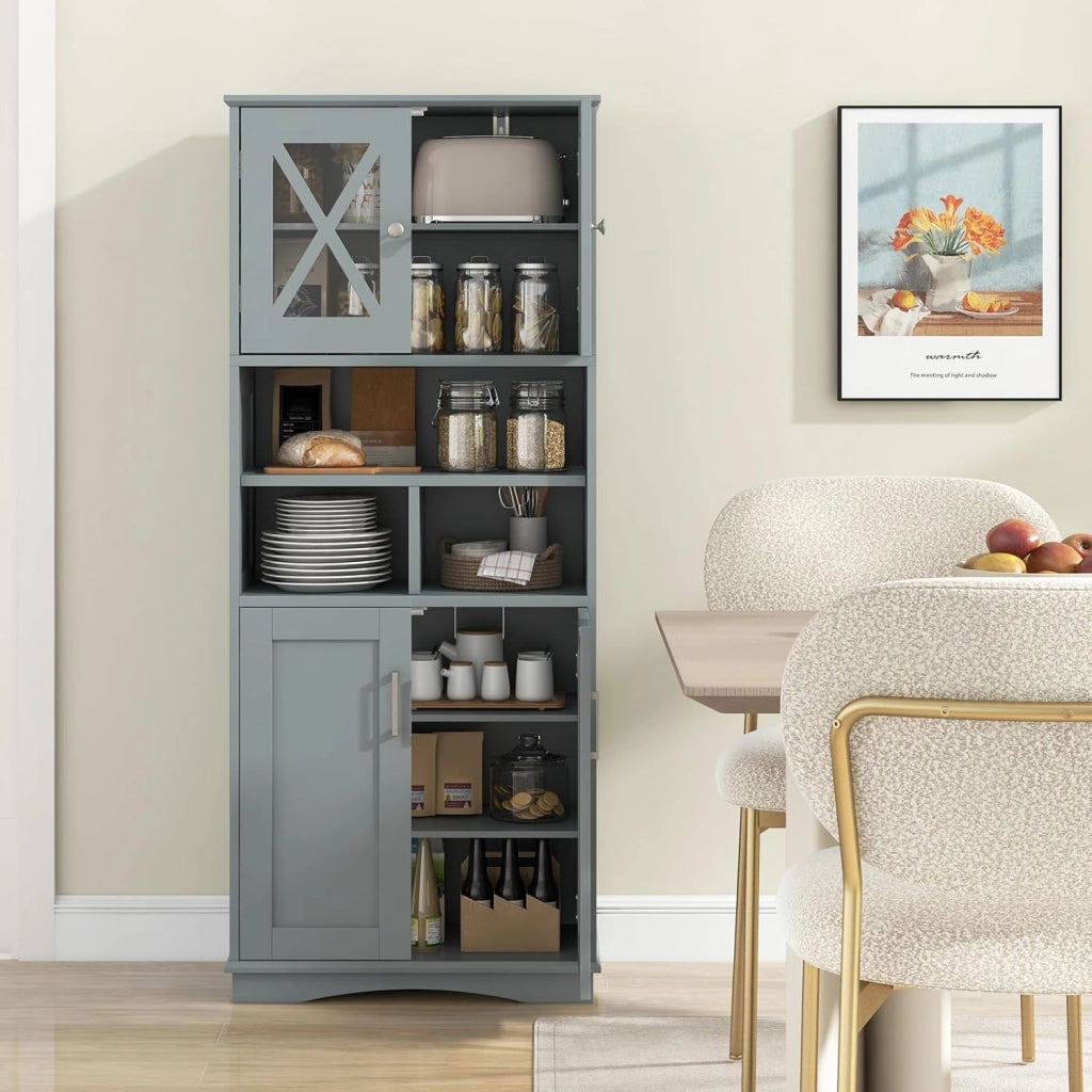 Mobile Bagno, Armadietto Salvaspazio con Porte in Acrilico, Ripiani Regolabili e Ampio Scomparto, Armadio da Terra in Legno per Soggiorno, Camera da Letto, Salotto e Cucina (Grigio)
