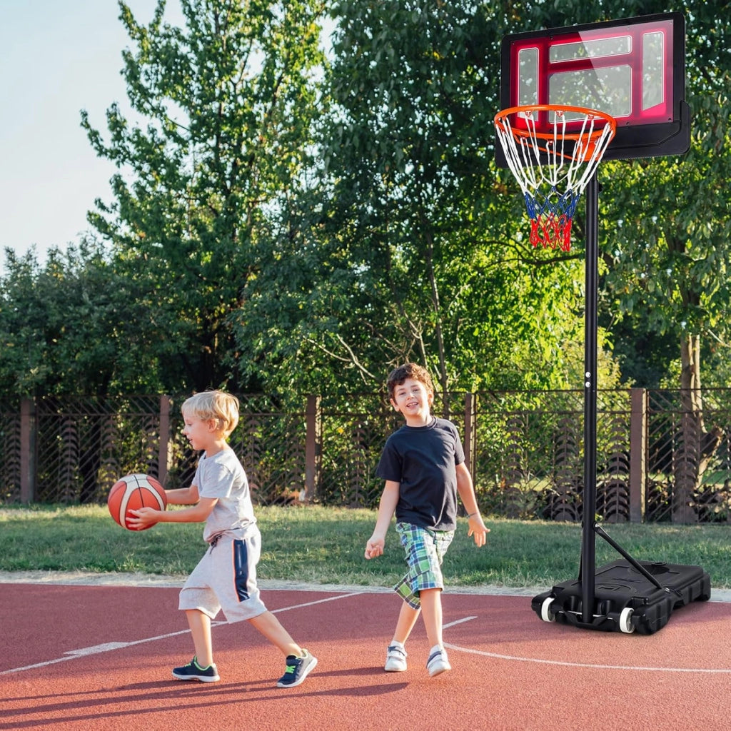 Canestro Basket per Esterno da Pavimento, Canestro da Basket ad Altezza Regolabile 154-210 cm, Supporto da Basket con Base, Portatile con Ruote, Pallacanestro per Interno