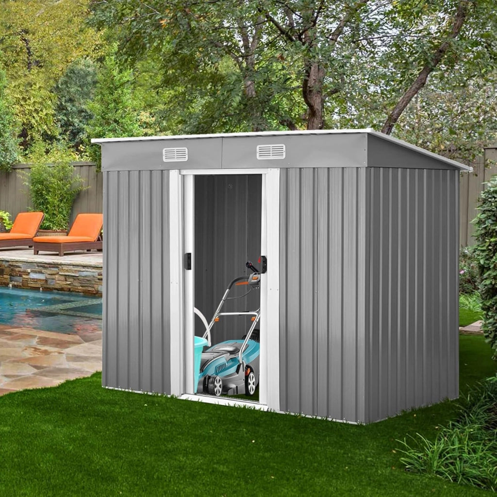 Casetta da Giardino Porta Attrezzi in Lamiera Acciaio Zincato, con Sfoghi, Ante Scorrevoli e Maniglie, Capanno da Esterno per Cortile, Giardino e Fattoria, 238 x 131 x 181 cm
