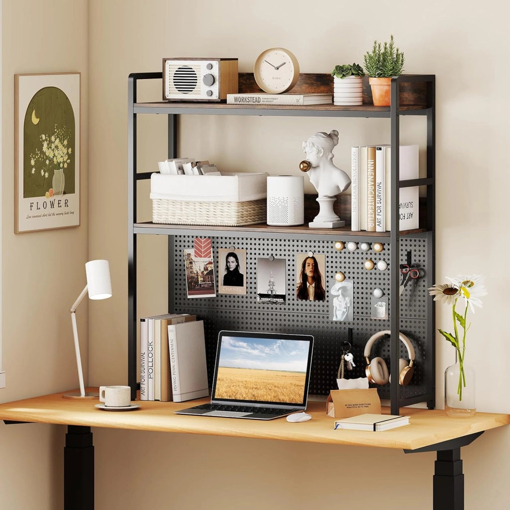 Libreria da Scrivania a 2 Livelli, Scaffale da Tavolo Industriale per Monitor di Computer Fino a 32", Organizzatore di Stoccaggio con Pegboard, per Dormitorio Ufficio e Casa, 94x27x103 cm