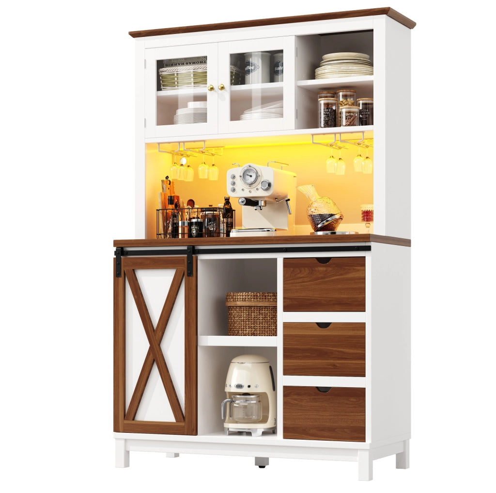 Credenza da cucina 104x40x180 cm con LED e porta scorrevole in MDF; metallo e vetro bianco