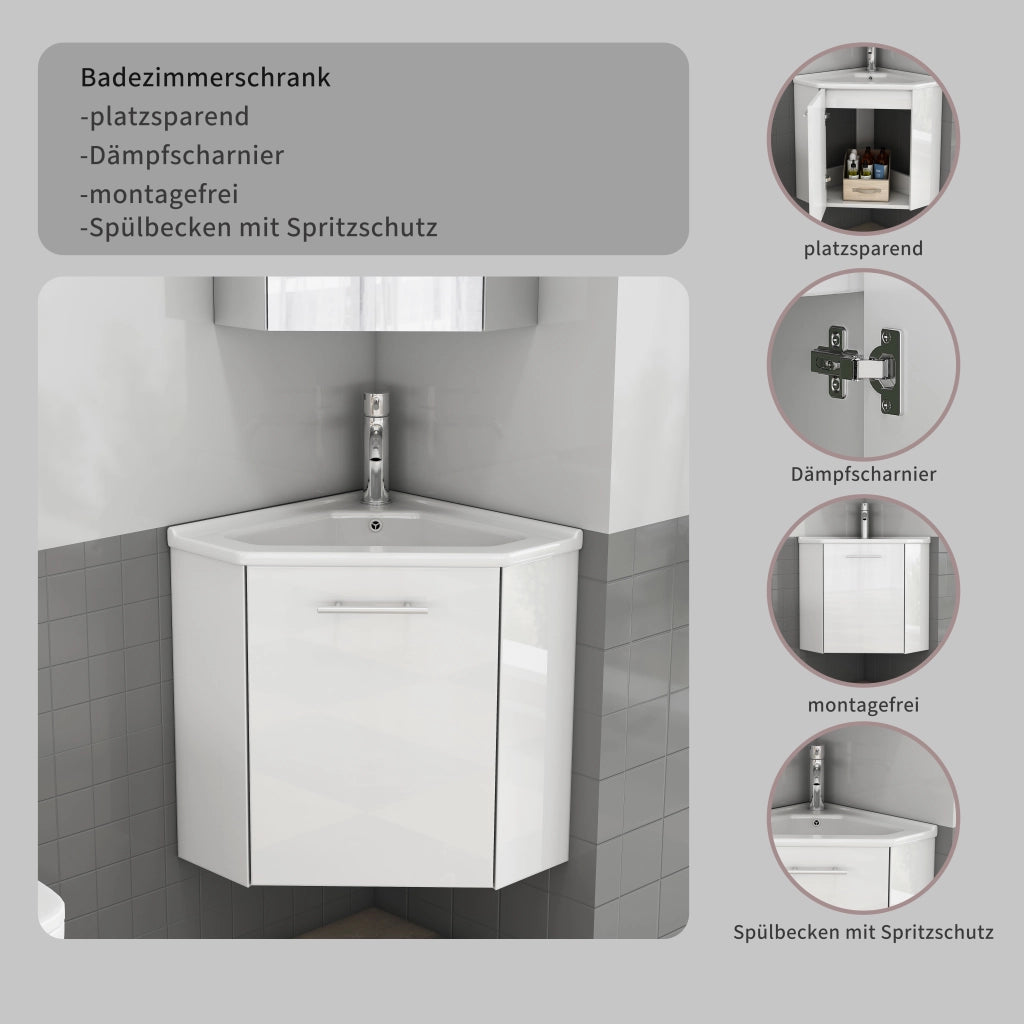 Mobile angolare da bagno con lavabo in ceramica lucida e paraspruzzi, completamente preassemblato per una facile installazione, lavabo angolare