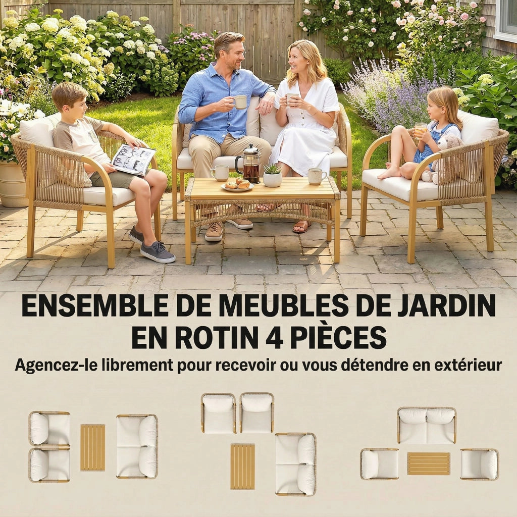 Set da Giardino 4 Pezzi con Divano 2 Poltrone Tavolino Cuscini ¨C zephmum ¨C Resina Intrecciata Grigio Verde 120x72x73cm
