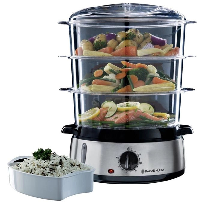 Russell Hobbs 19270-56 Vaporiera 3 Cestelli 9 L 800 W Timer Meccanico Spegnimento Automatico colore Nero Acciaio Inox