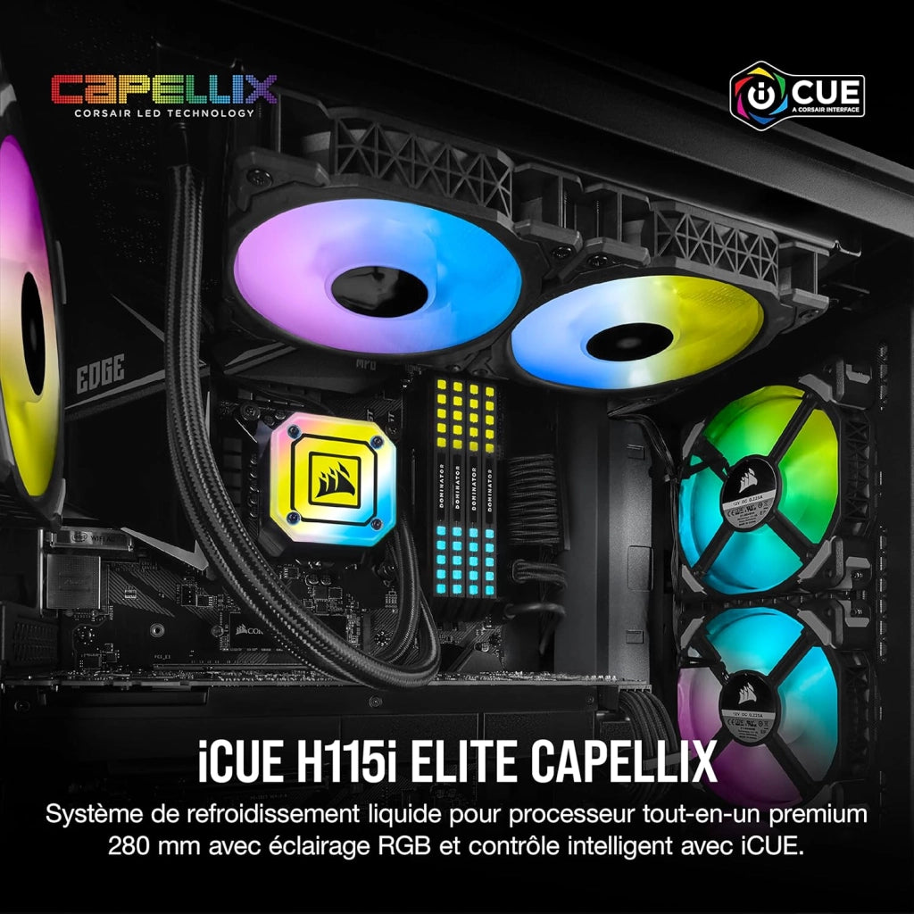 Dissipatore a Liquido 33 LED RGB CAPELLIX Ultra-Luminosi, Due Ventole PWM ML RGB da 140 mm, 400 a 2.000 RPM, Modalità Zero RPM, iCUE Commander CORE Incluso, Nero, Radiatore di 280mm