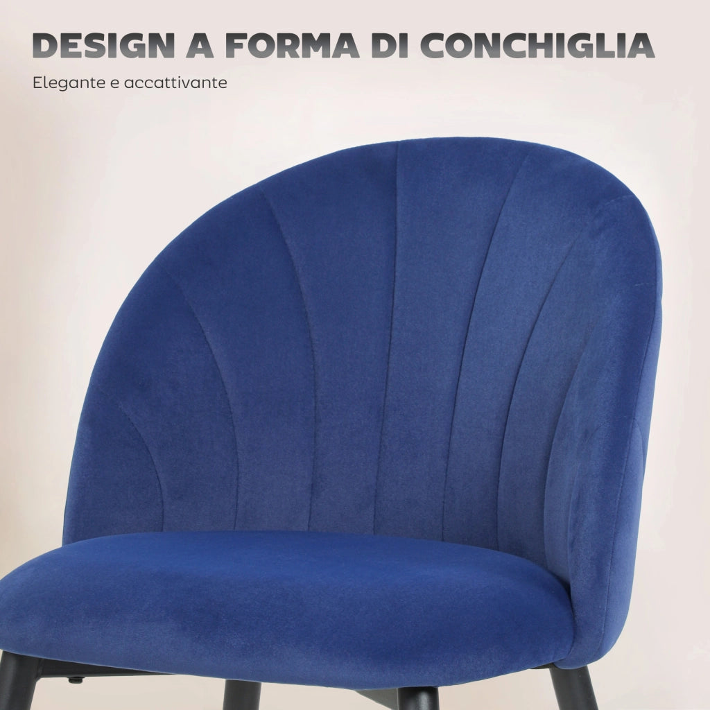 Set 2 Sedie da Pranzo Imbottite con Schienale a Conchiglia in Velluto, 52x55x79 cm, Blu
