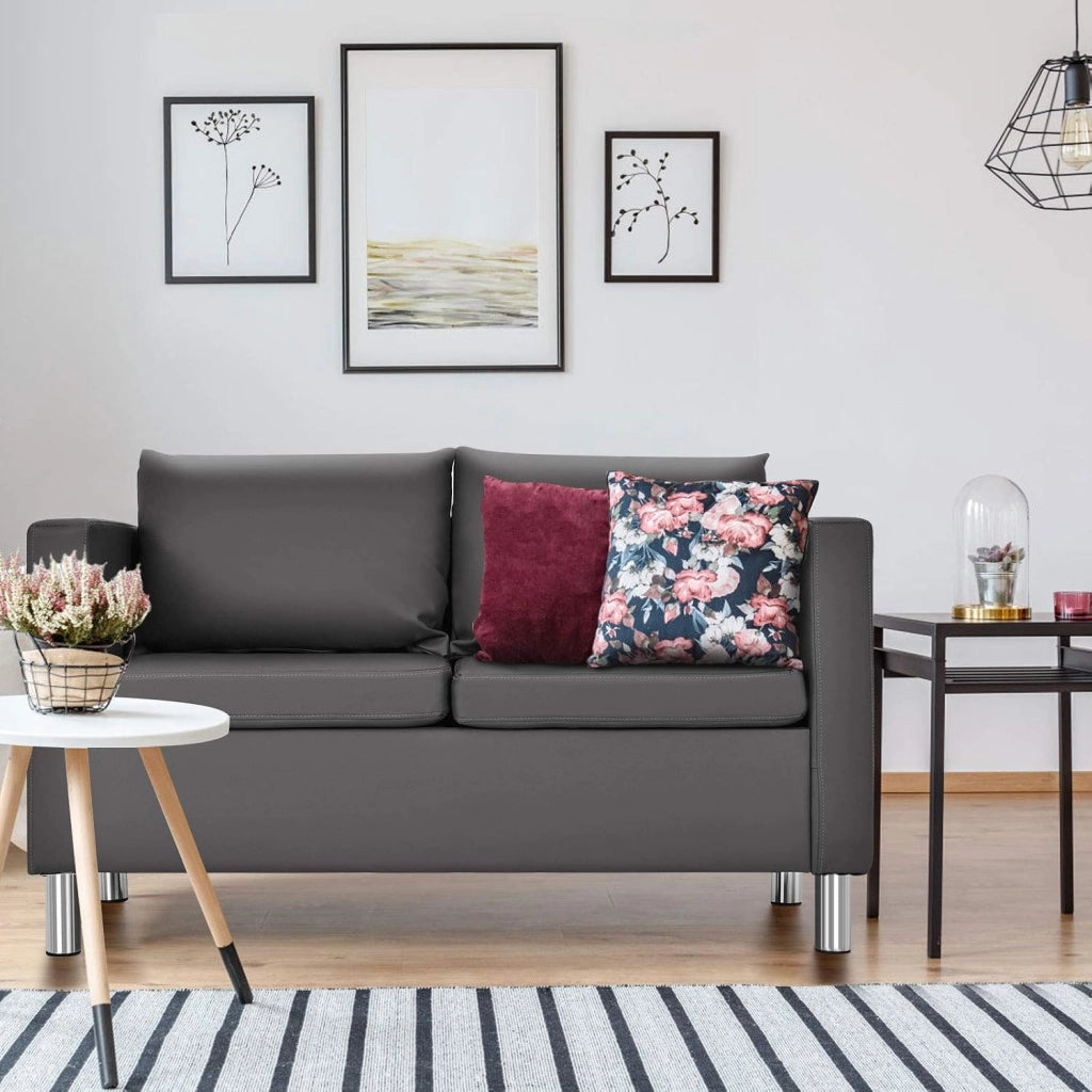 Divano a 2 Posti, Divano Moderno con Cuscino Morbido, Gambe in Legno di Gomma, In Similpelle PU, Carico 240 kg, 120x60x62,5 cm