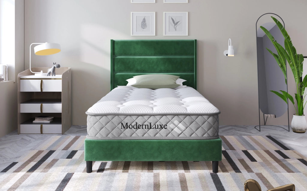 Letto imbottito 90x200 cm con rete a doghe e testiera in velluto verde scuro