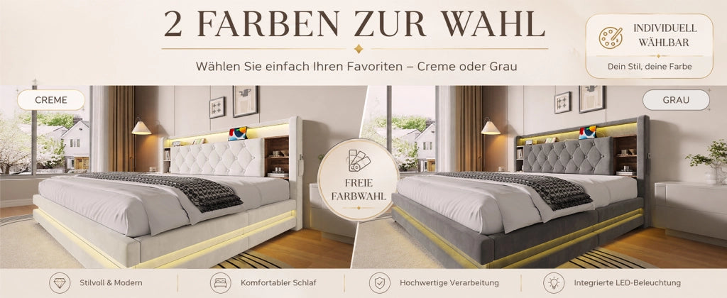 Letto contenitore imbottito 180x200 cm in velluto beige con testiera multifunzionale, LED, USB e tipo C