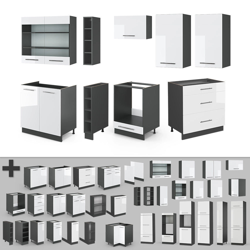 Vicco Cucina componibile Bianco lucido/antracite 235 cm senza piano di lavoro