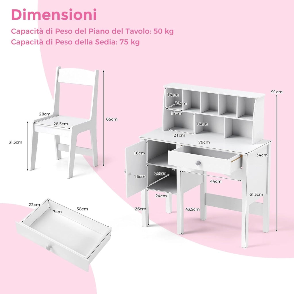 Set Scrivania e Sedia per Bambini in Legno, Tavolo e Sedia per Cameretta con Cassetto, Ripiano e Armadietto, Scrivania per Bambini Età 3+ Anni per Computer
