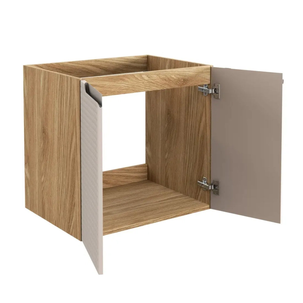 Mobile sottolavabo VELNIA – 2 cassetti – 60 cm – Colori rovere chiaro e beige – Da appendere